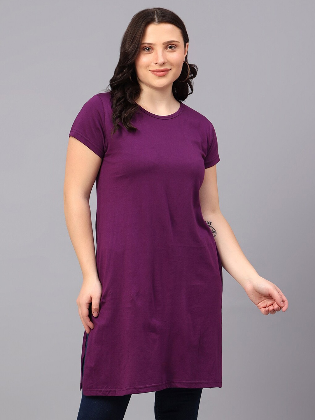 

Fleximaa Cotton Round Neck Longline Top, Purple
