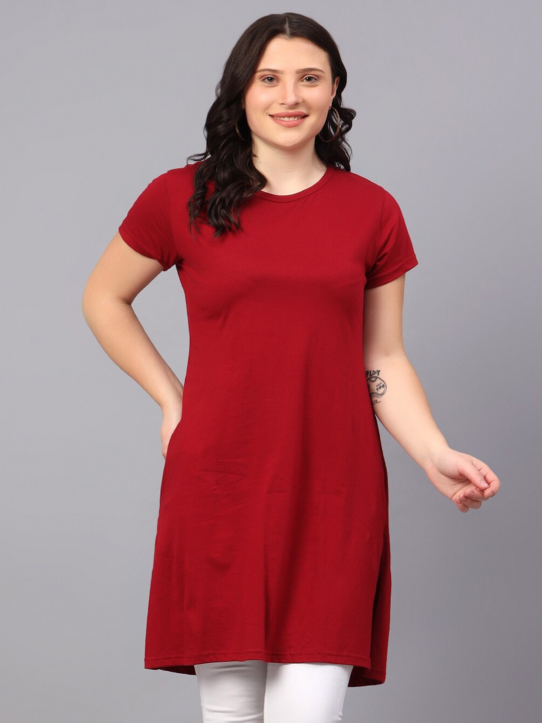 

Fleximaa Cotton Round Neck Longline Top, Maroon