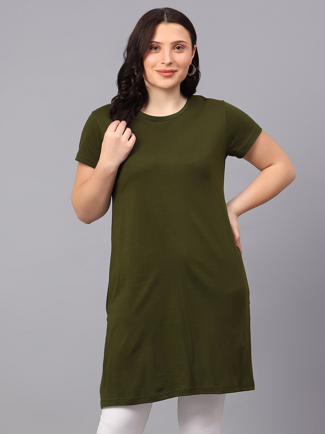 

Fleximaa Cotton Round Neck Longline Top, Olive