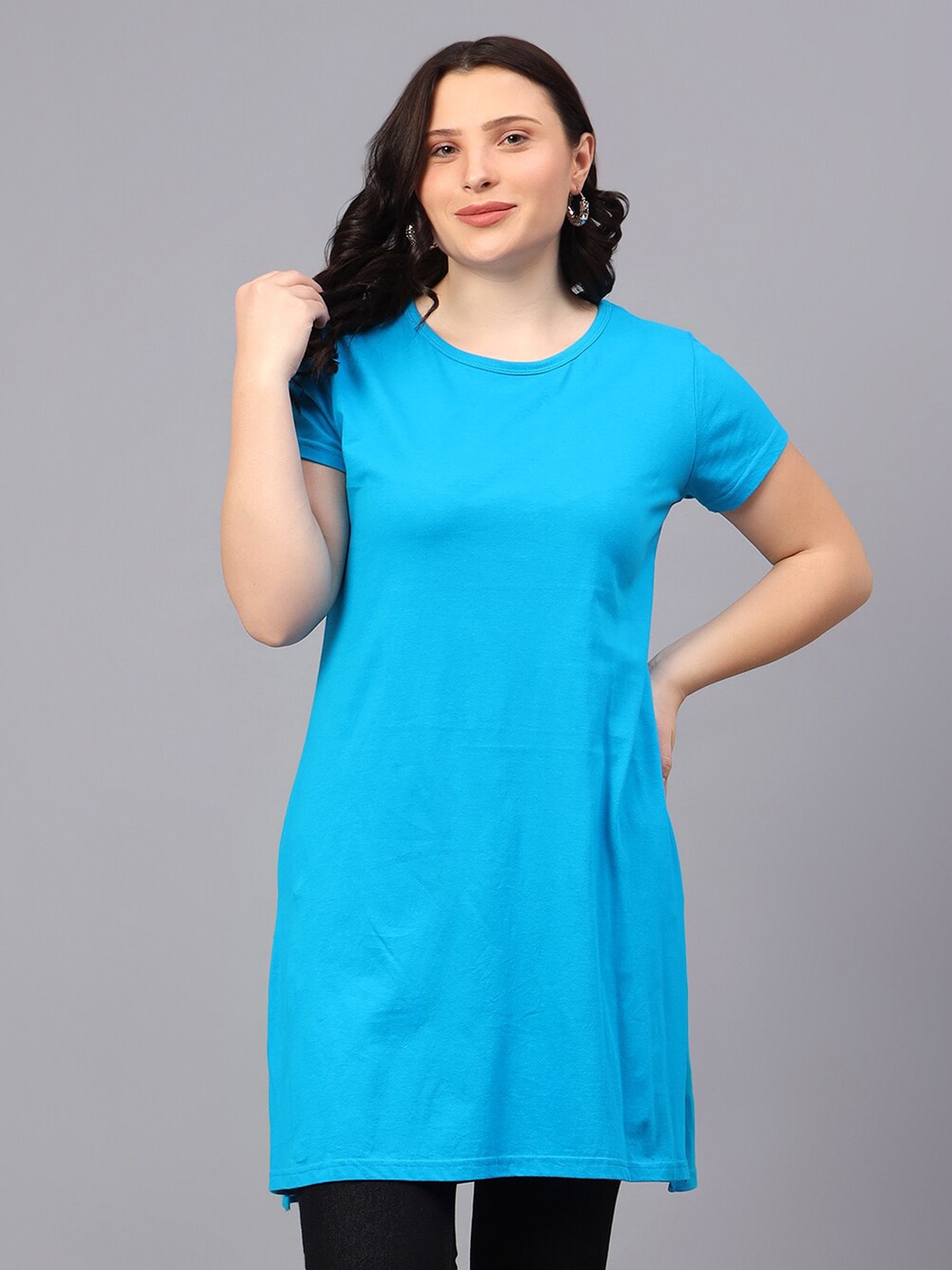 

Fleximaa Round Neck Cotton Maxi Longline Top, Blue