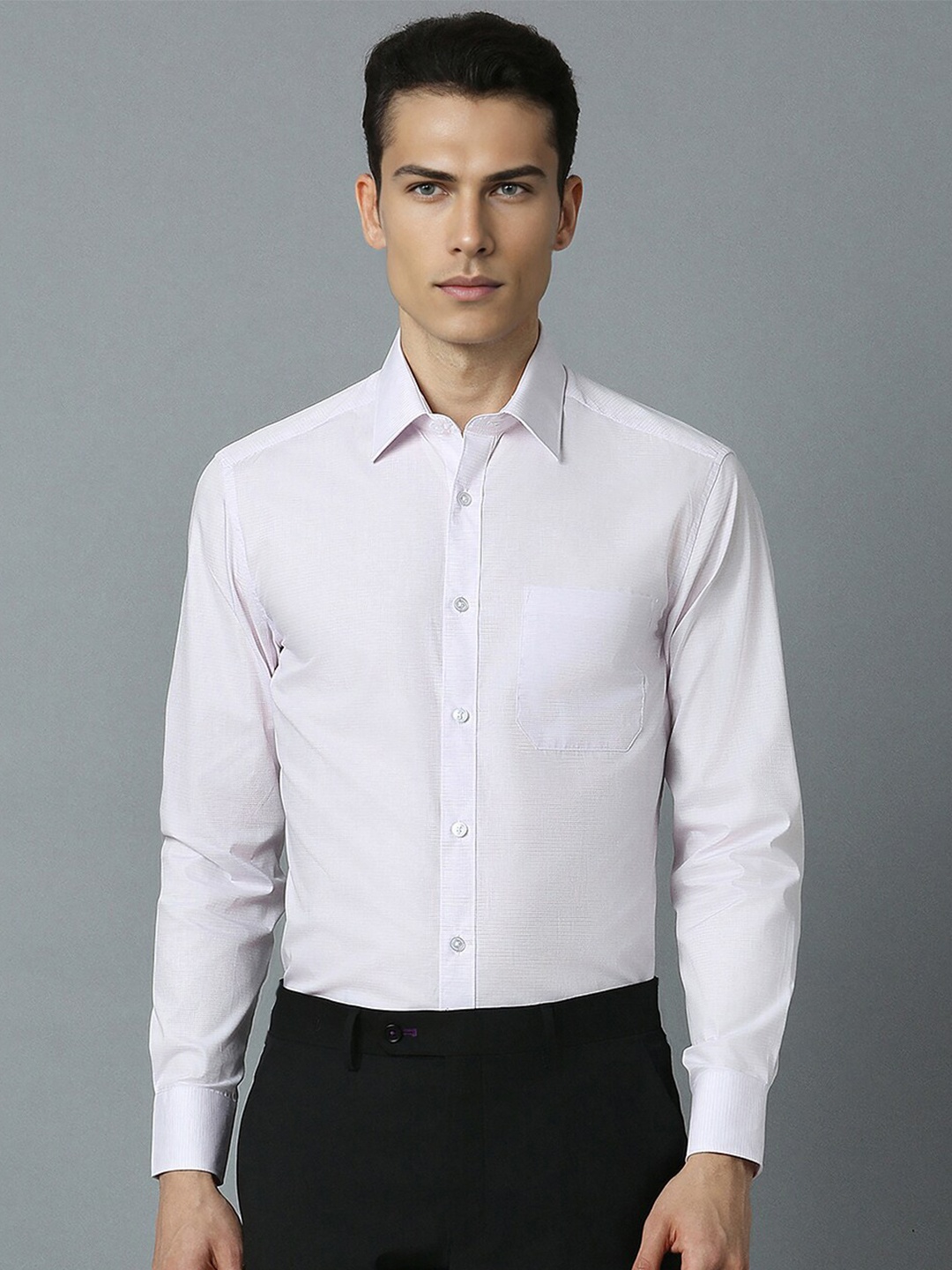 

Louis Philippe Textured Spread Collar Chest Pocket Full Sleeves Cotton Formal Shirt, White