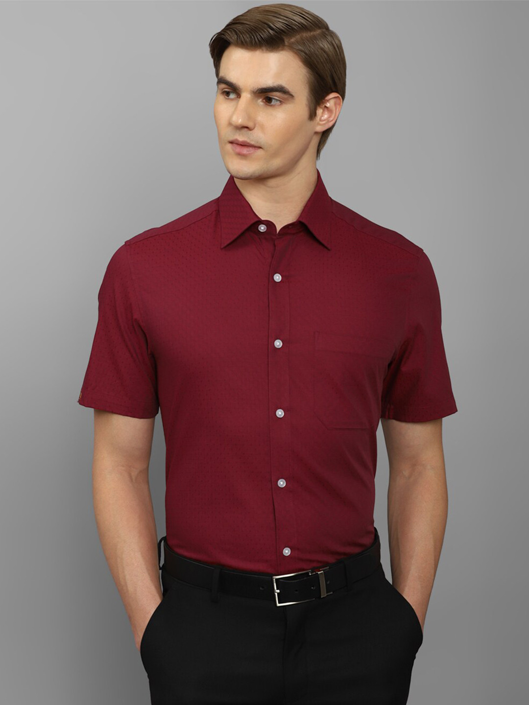 

Louis Philippe Textured Spread Collar Chest Pocket Half Sleeves Cotton Formal Shirt, Maroon