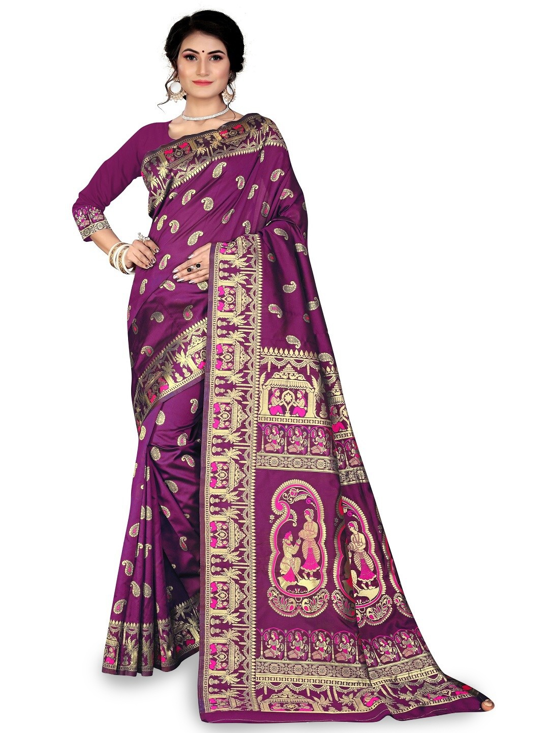 

MAHAMANTRA Paisley Woven Design Zari Baluchari Saree, Purple