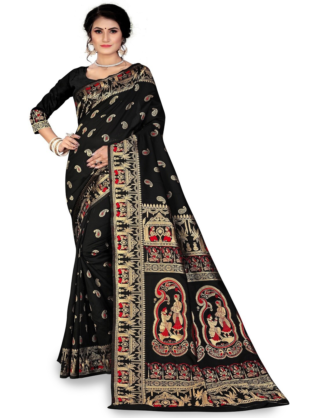 

MAHAMANTRA Paisley Woven Design Zari Baluchari Saree, Black