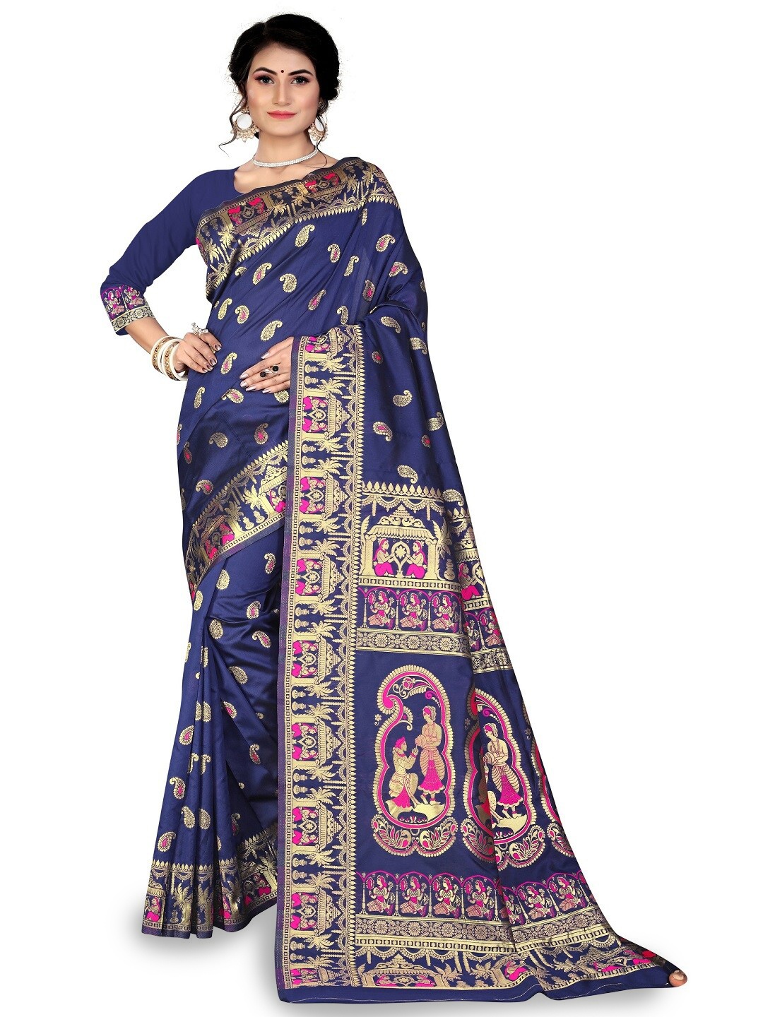 

MAHAMANTRA Paisley Woven Design Zari Baluchari Saree, Navy blue