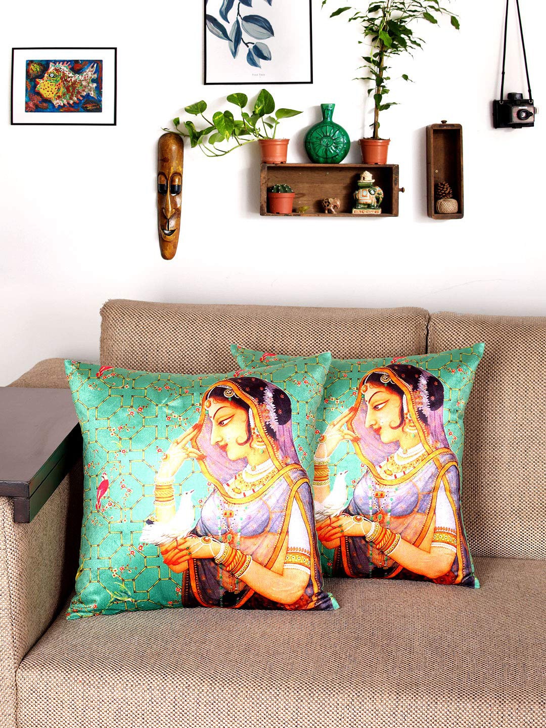 

NISRAG HOME Green and Brown 2 Pieces Ethnic Motifs Velvet Cushion Covers