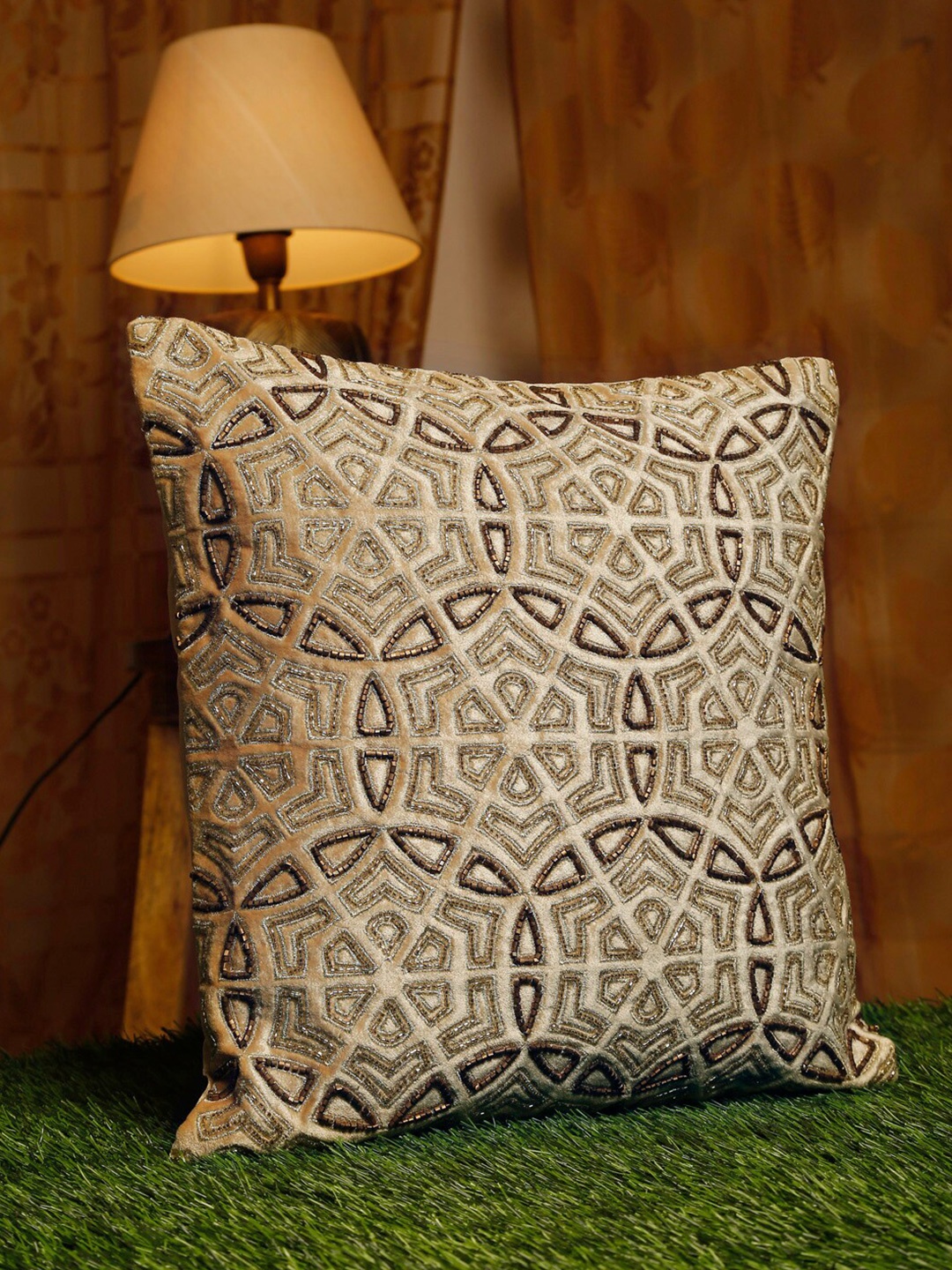 

NISRAG HOME Beige & Grey Geometric Embellished Velvet Cushion Cover
