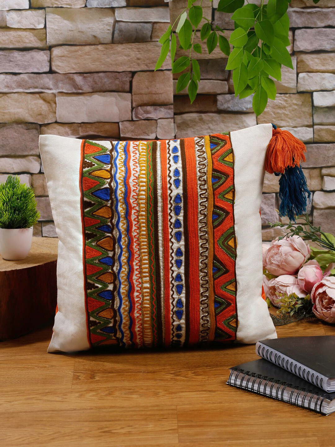 

NISRAG HOME White and Orange ETHNIC STRIPE Cushion Covers