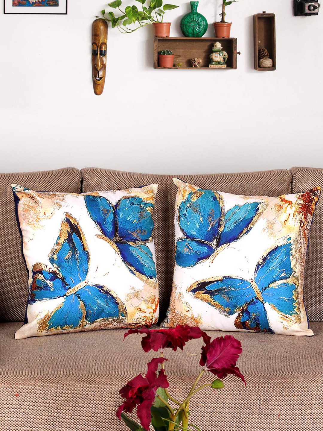 

NISRAG HOME Cream Coloured 2 Pieces Ethnic Motifs Butterfly Cushion Covers