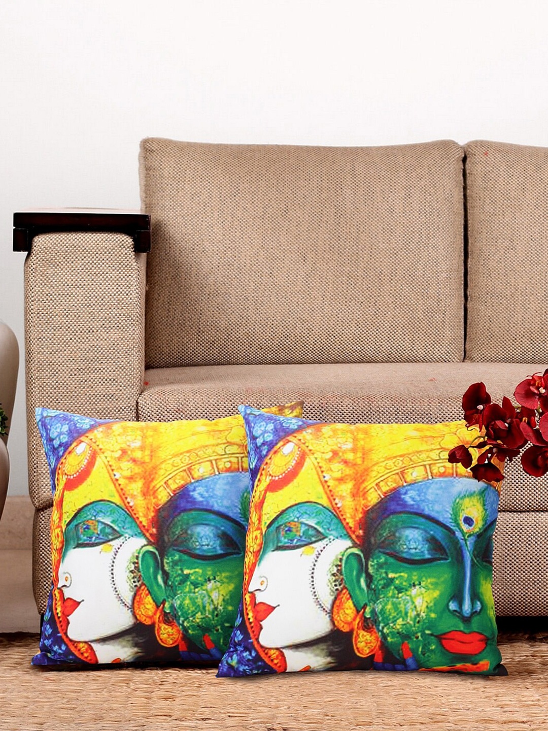 

NISRAG HOME Yellow and White 2 Pieces Ethnic Motifs Radha Krishna Cushion Covers