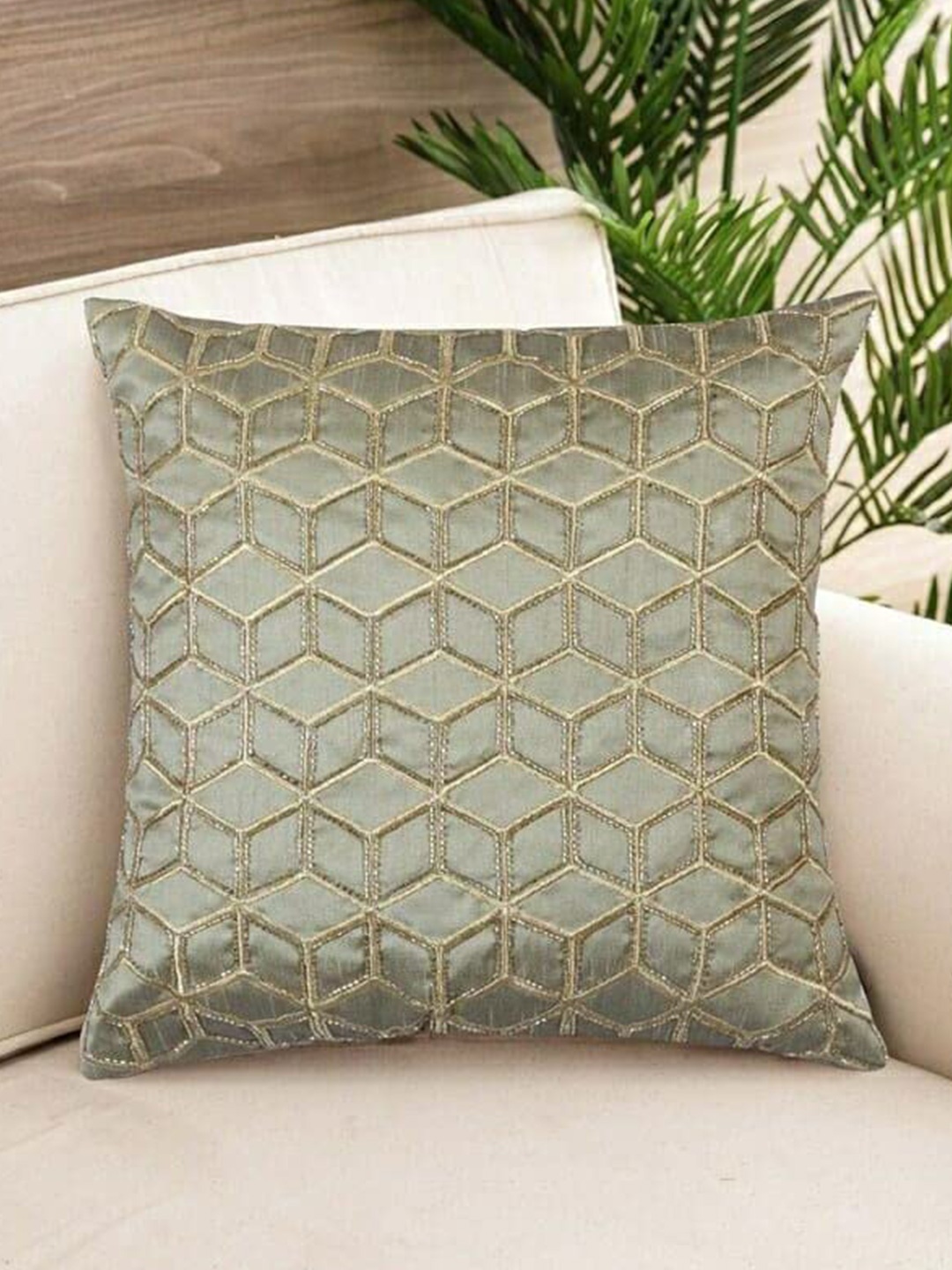 

NISRAG HOME Grey and GoldToned Geometric 3D DUPION Cushion Covers