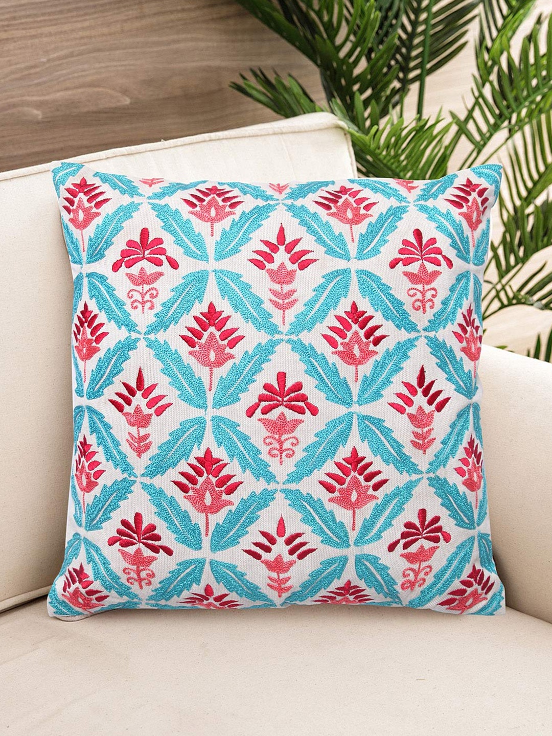 

NISRAG HOME White and Blue Floral Leaf aari Cushion Covers