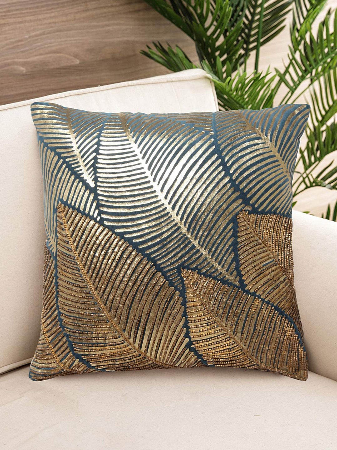 

NISRAG HOME Blue & Gold Toned Floral Embellished Velvet Square Cushion Cover