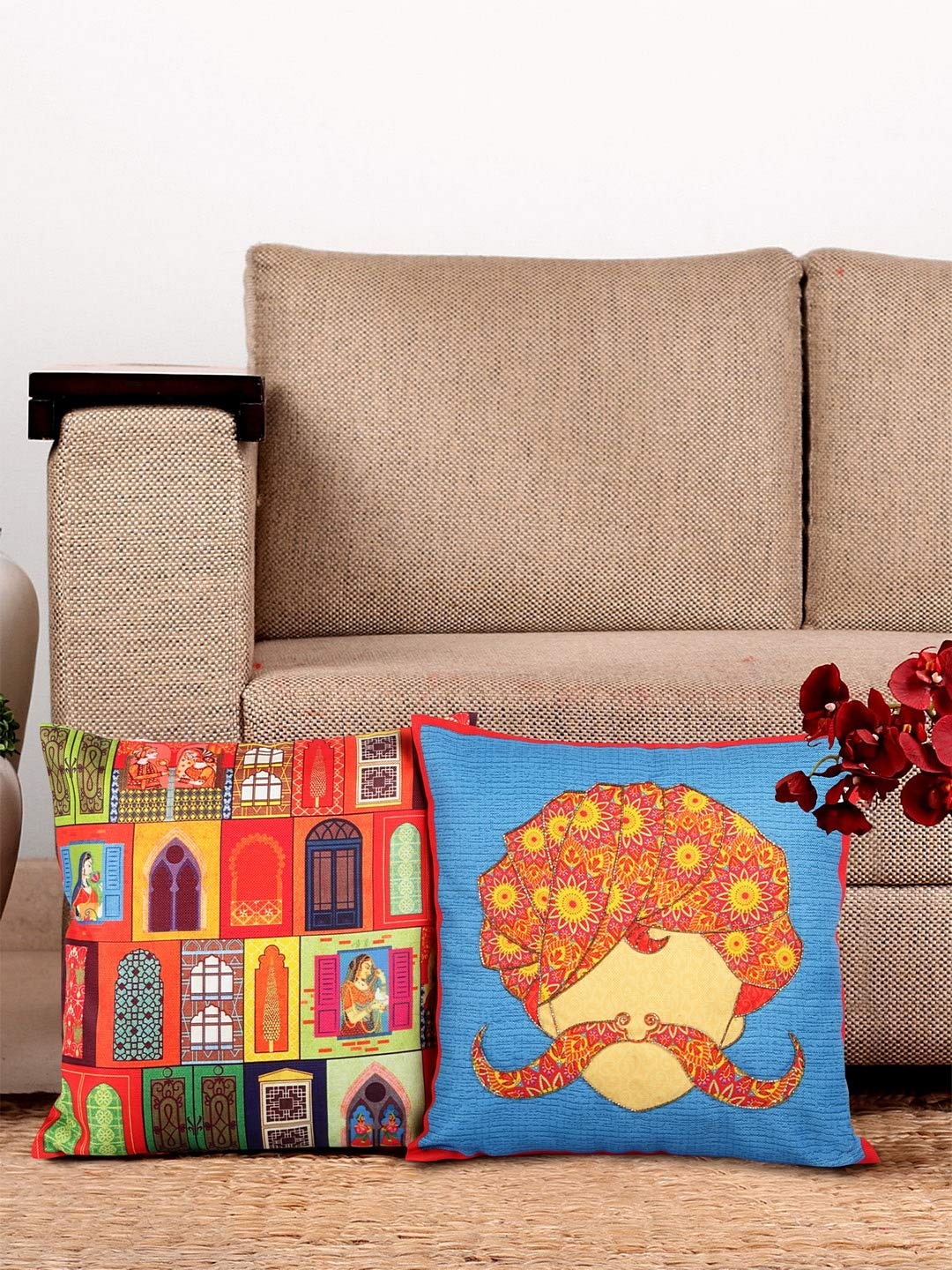 

NISRAG HOME Blue and Red 2 Pieces Ethnic Motifs JHAROKHA PAGRI Cushion Covers