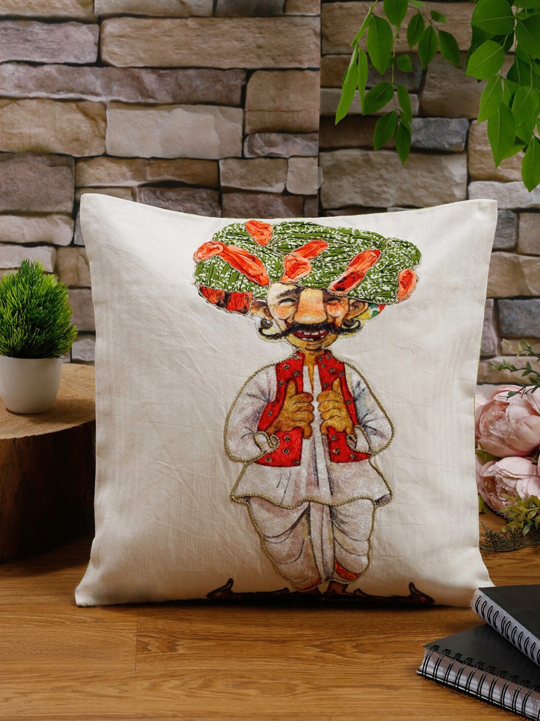 

NISRAG HOME Off White & Red Self Design Embroidered Cotton Cushion Cover