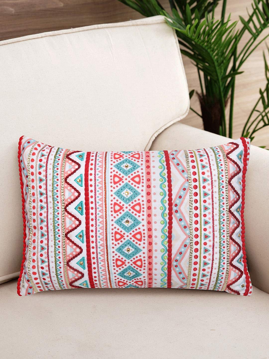 

NISRAG HOME White & Red Ethnic Motifs Rectangle Cushion Cover