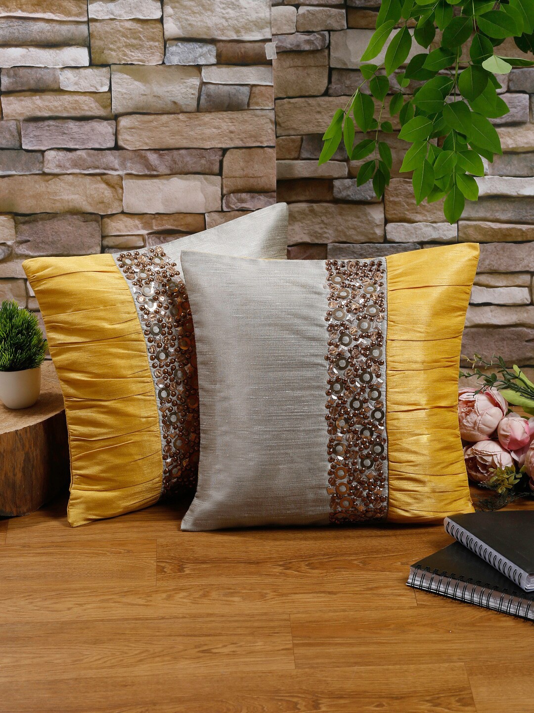 

NISRAG HOME Yellow and Grey 2 Pieces Cushion Covers