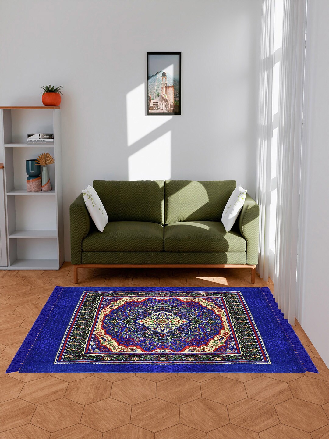 

Kuber Industries Blue Ethnic Motifs Printed Anti Skid Carpet Rug