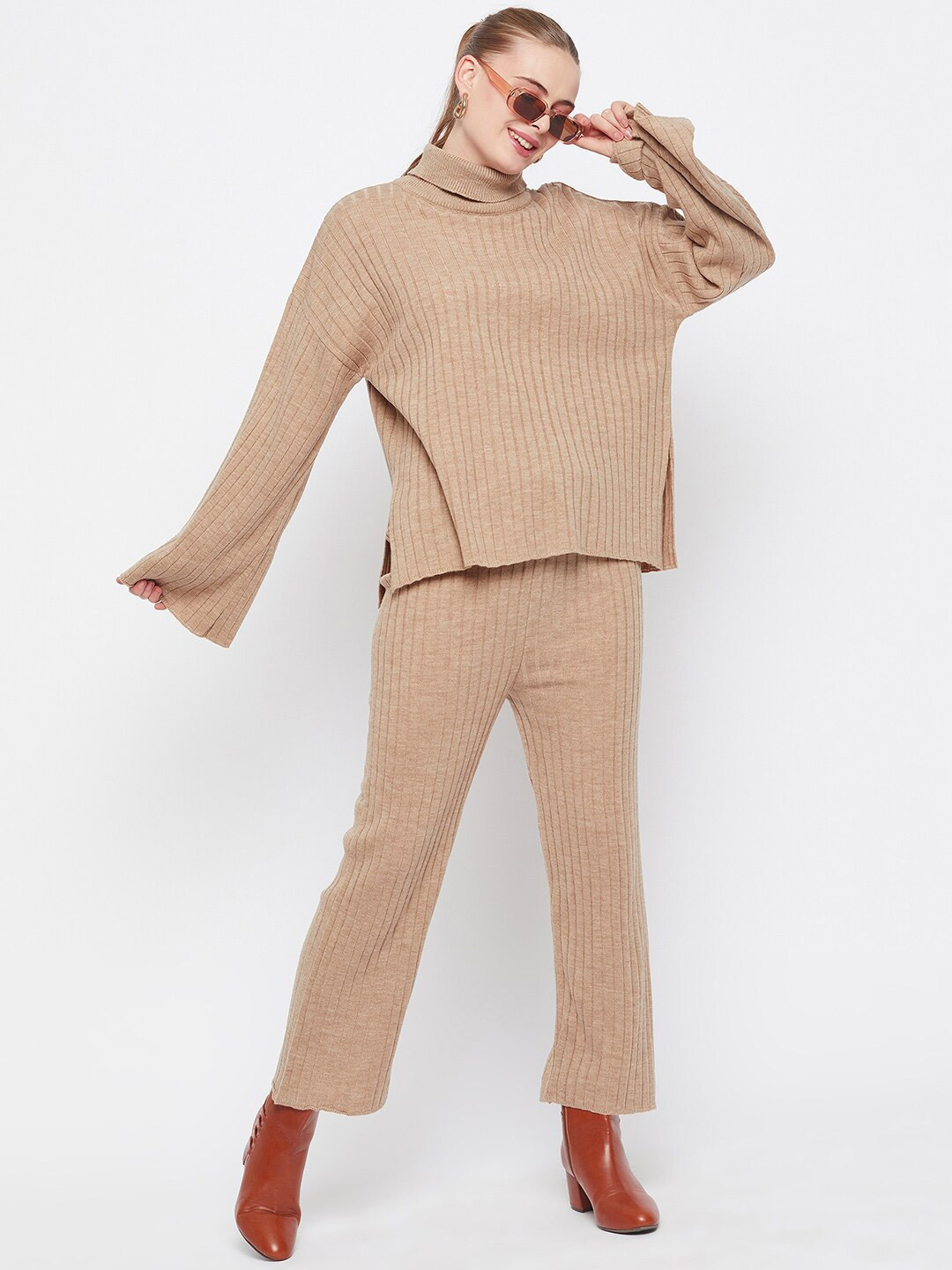 

Club York Self-Design High-Neck Acrylic Sweater With Trouser, Beige
