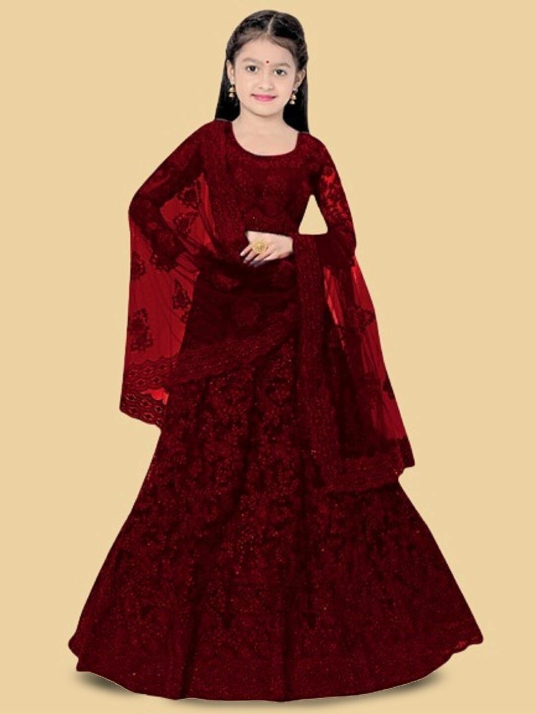 

BAESD Girls Embroidered Net Semi-Stitched Lehenga & Unstitched Blouse With Dupatta, Maroon