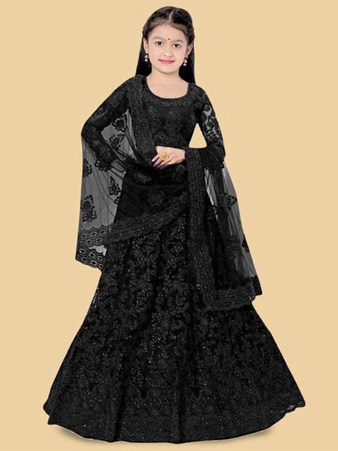 

BAESD Girls Embellished Semi-Stitched Lehenga & Unstitched Blouse With Dupatta, Black