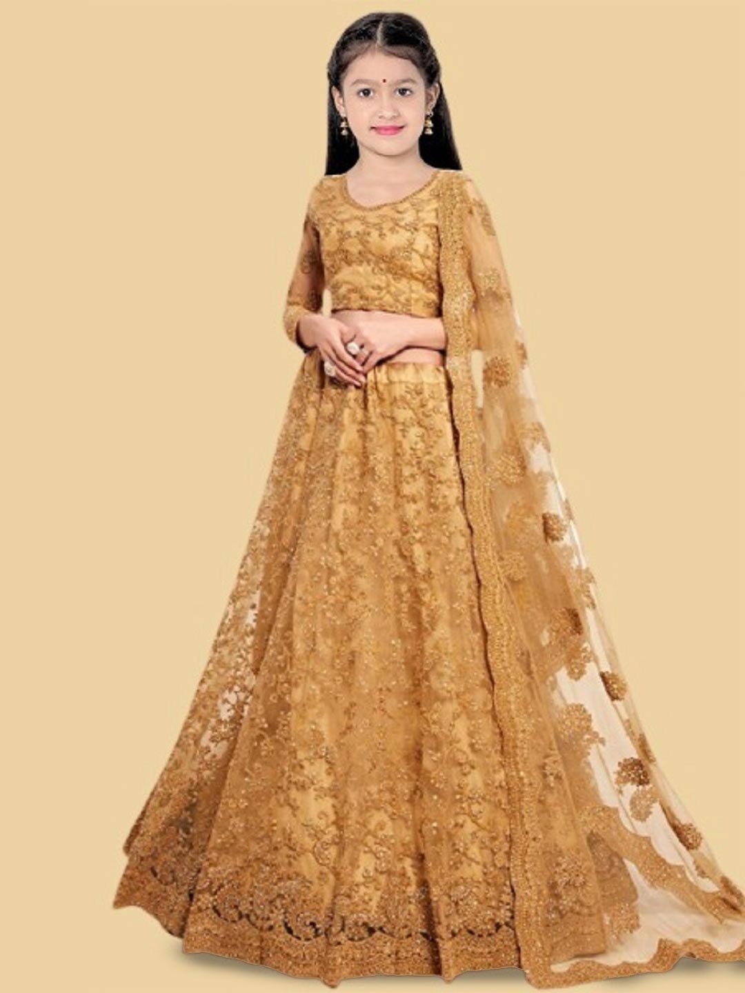 

BAESD Girls Embellished Semi-Stitched Lehenga & Unstitched Blouse With Dupatta, Camel brown