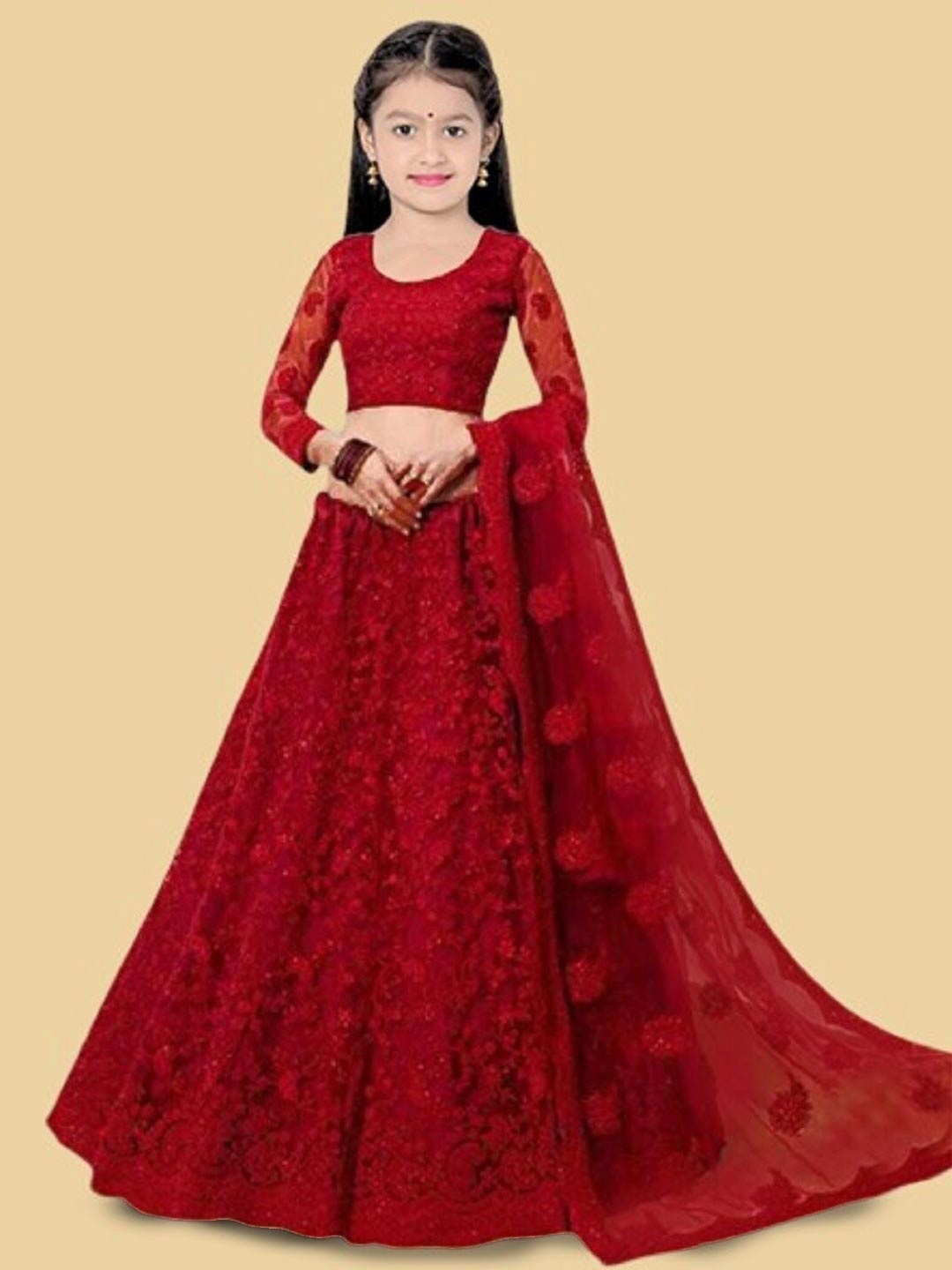 

BAESD Girls Embellished Semi-Stitched Lehenga & Unstitched Blouse With Dupatta, Red