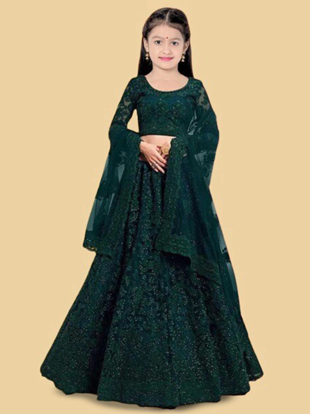 

BAESD Girls Embellished Semi-Stitched Lehenga & Unstitched Blouse With Dupatta, Green