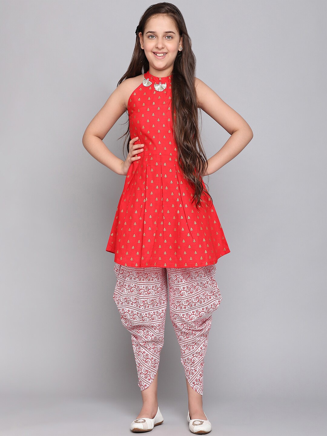 

BAESD Girls Printed Halter Neck Angrakha A-Line Kurta with Dhoti Pants, Red