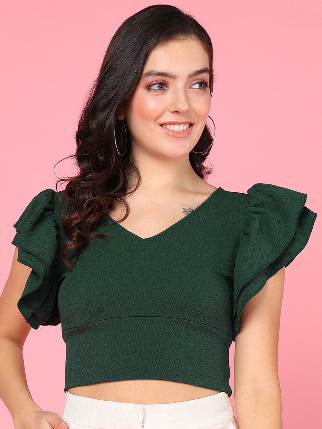 

Mast & Harbour Flutter Sleeve Ruffles Crop Top, Olive