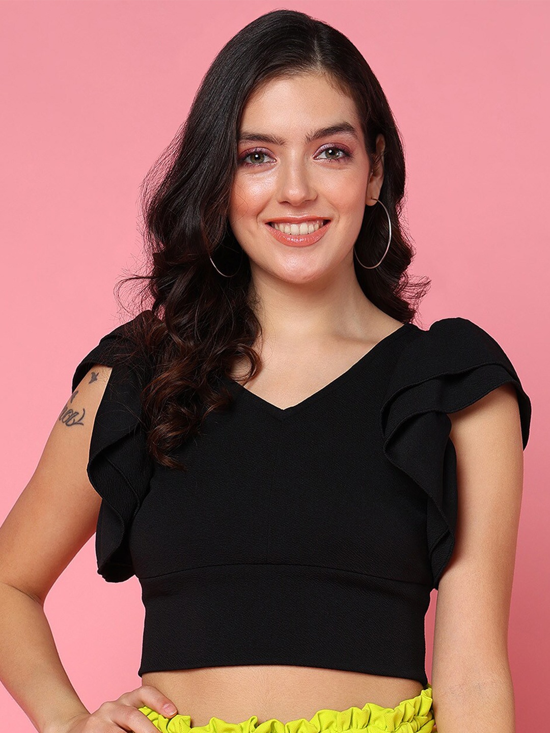 

Mast & Harbour Flutter Sleeve Ruffles Crop Top, Black