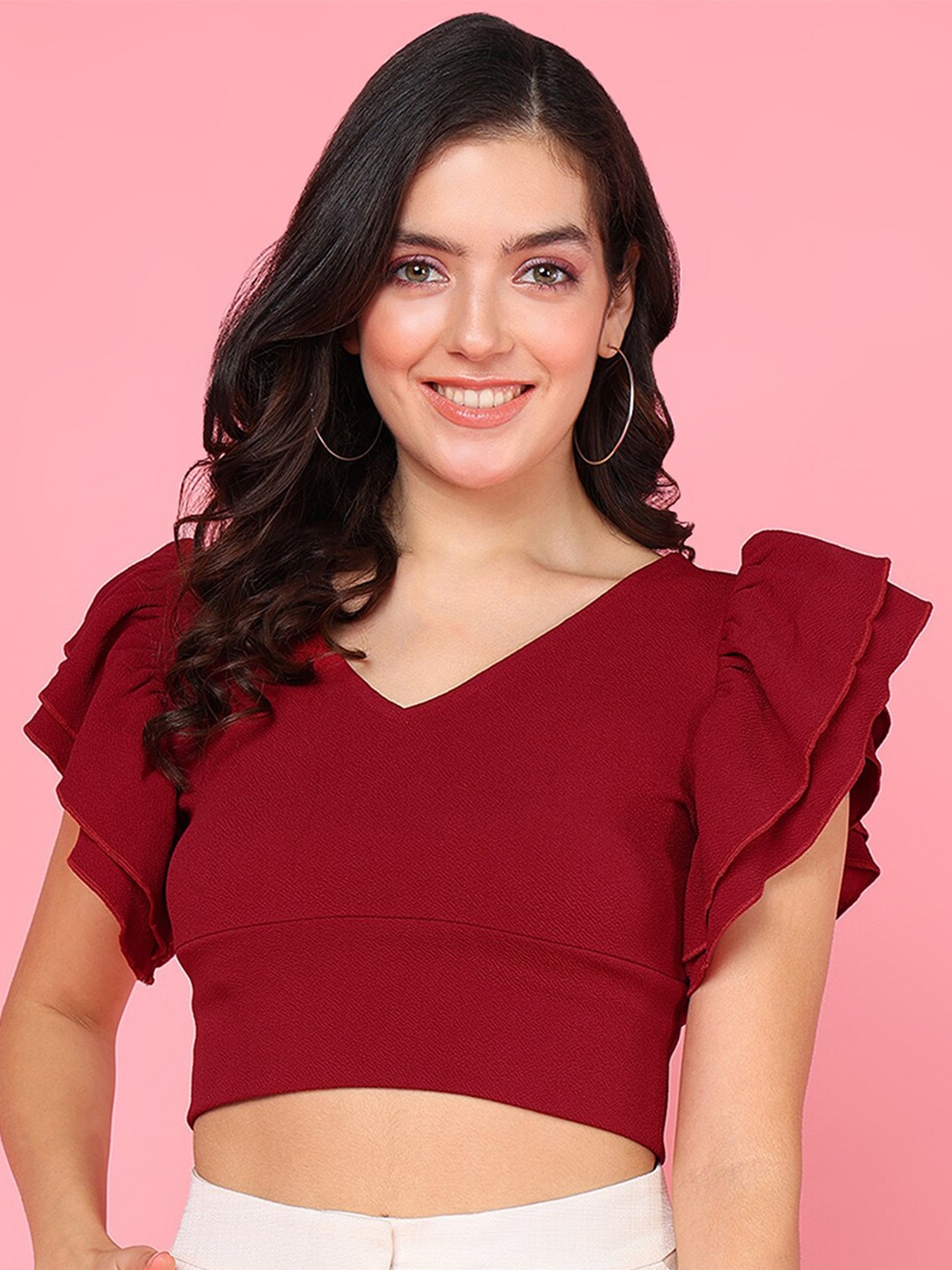 

Mast & Harbour Flutter Sleeve Ruffles Crop Top, Maroon