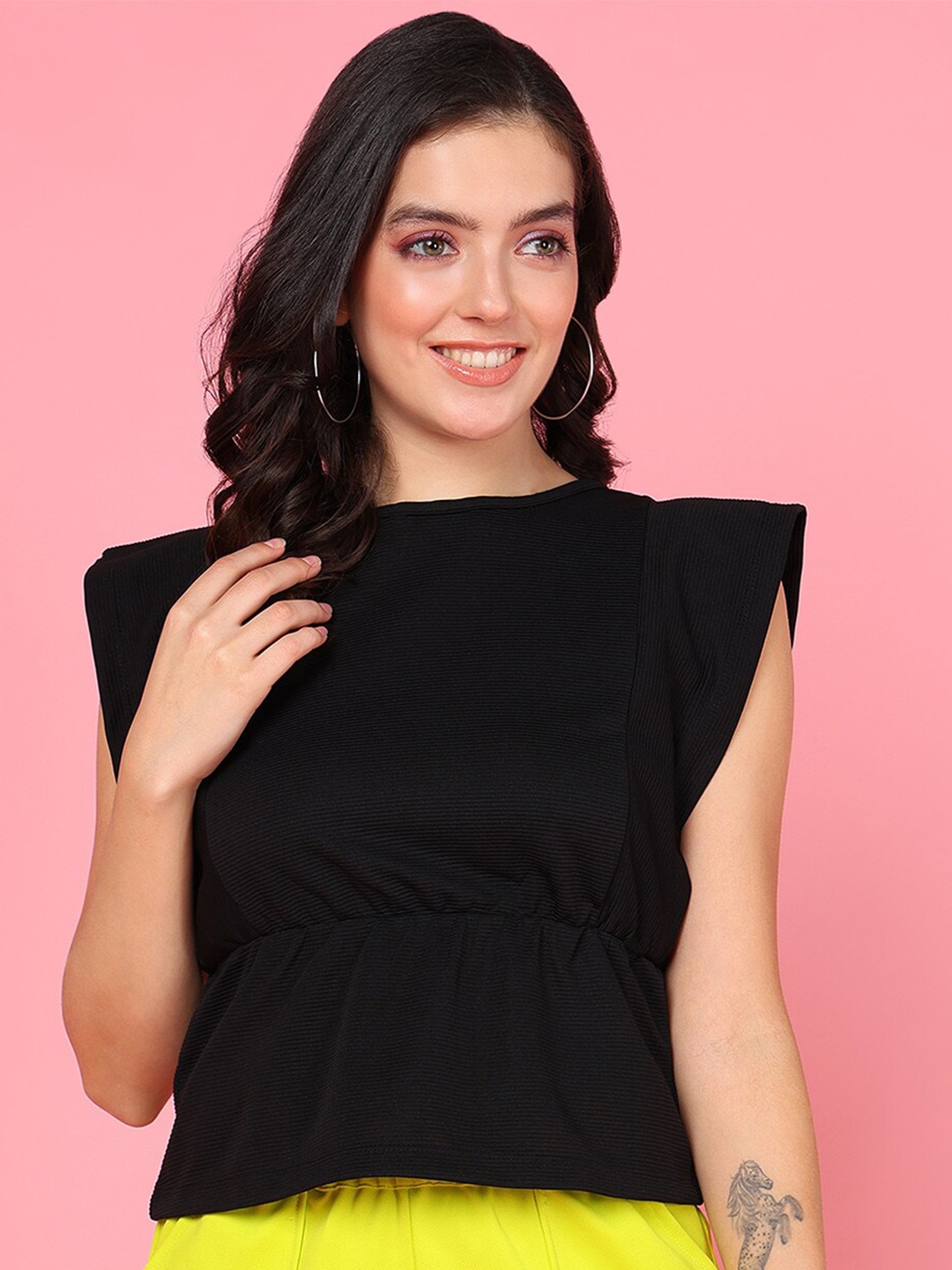 

Mast & Harbour Round Neck Cinched Waist Top, Black