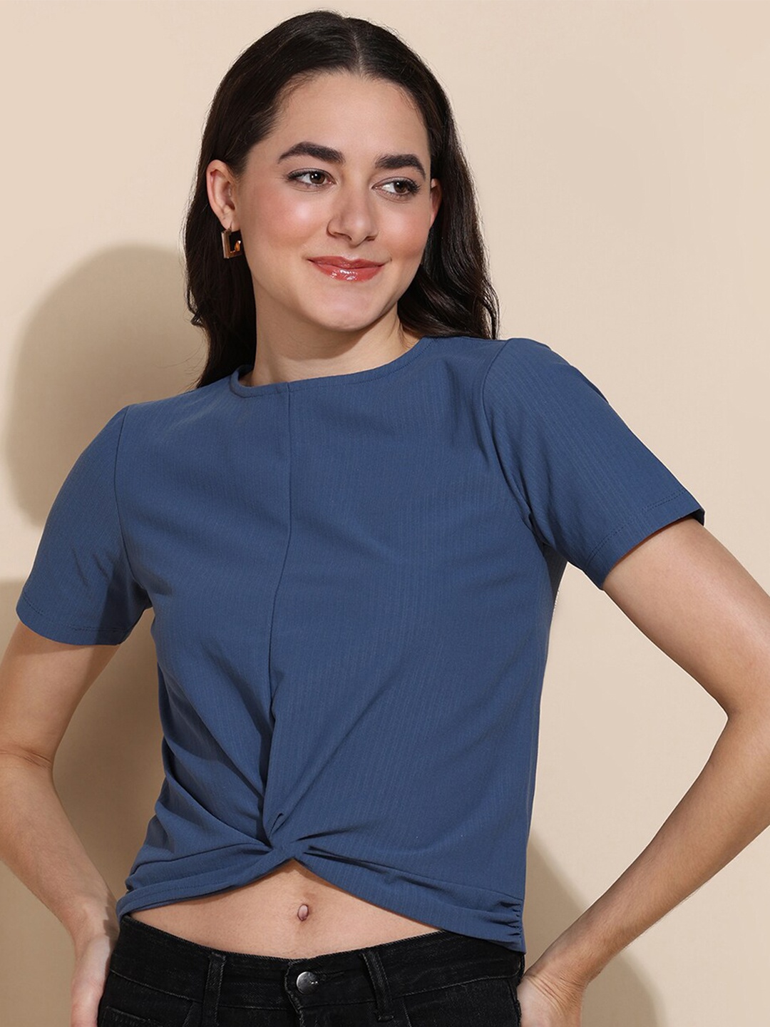 

Mast & Harbour Round Neck Short Sleeves Crop Casual Top, Blue
