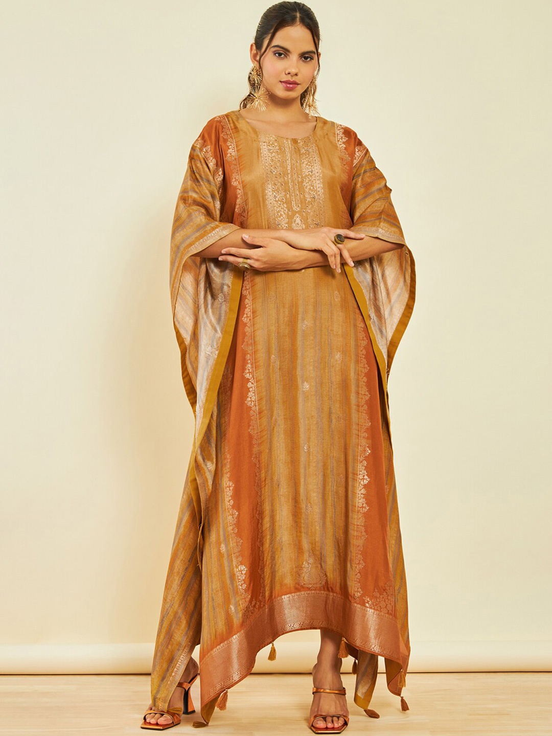 

Soch Mustard Yellow Ethnic Motifs Embellished Kimono Sleeve Brocade Kaftan Maxi Dress