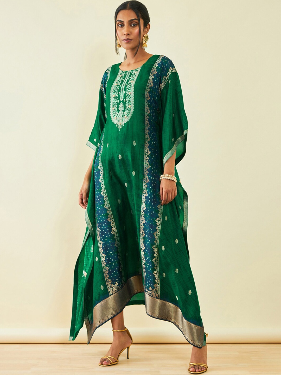 

Soch Green Ethnic Motifs Embellished Kimono Sleeve Brocade Kaftan Maxi Dress