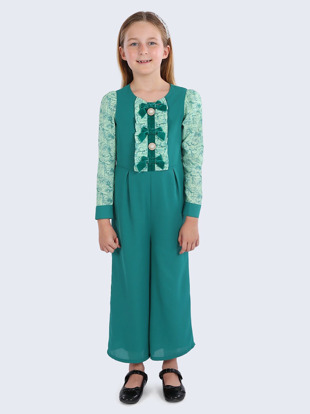 

One Friday Girls Printed Long Sleeves Basic Jumpsuit, Green