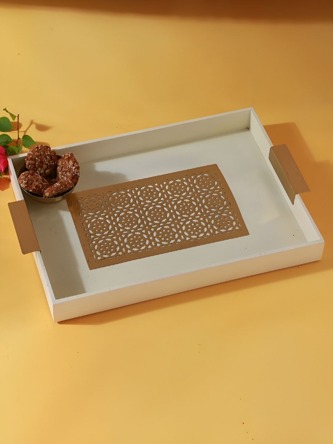 

Manor House White & Cream Self designed Metal Tray, Gold