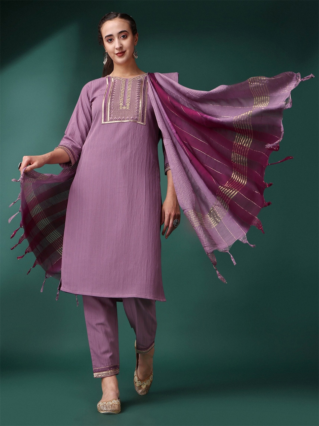 

NIZA FASHION Embroidered Round Neck Thread Work Straight Kurta With Trousers & Dupatta, Purple