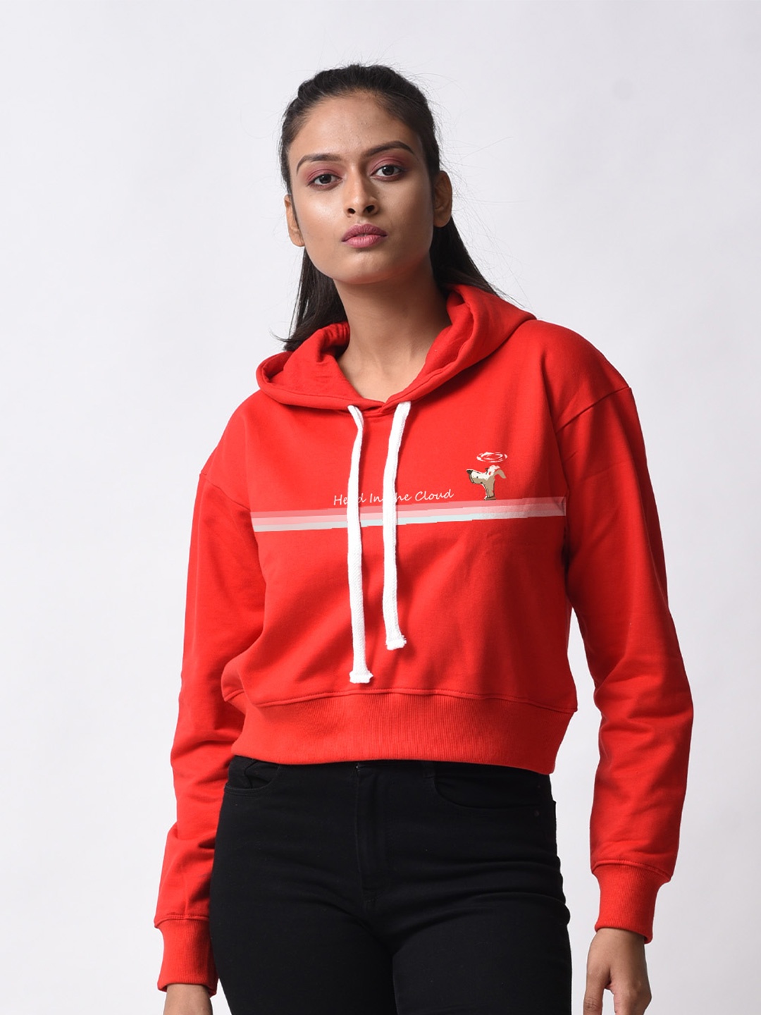 

Bloopers Store Typography Printed Cotton Crop Hooded Sweatshirt, Maroon