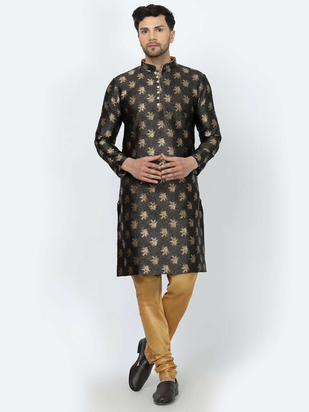 

Sydney Heights Ethnic Motifs Woven Design Mandarin Collar Straight Kurta & Churidar, Black