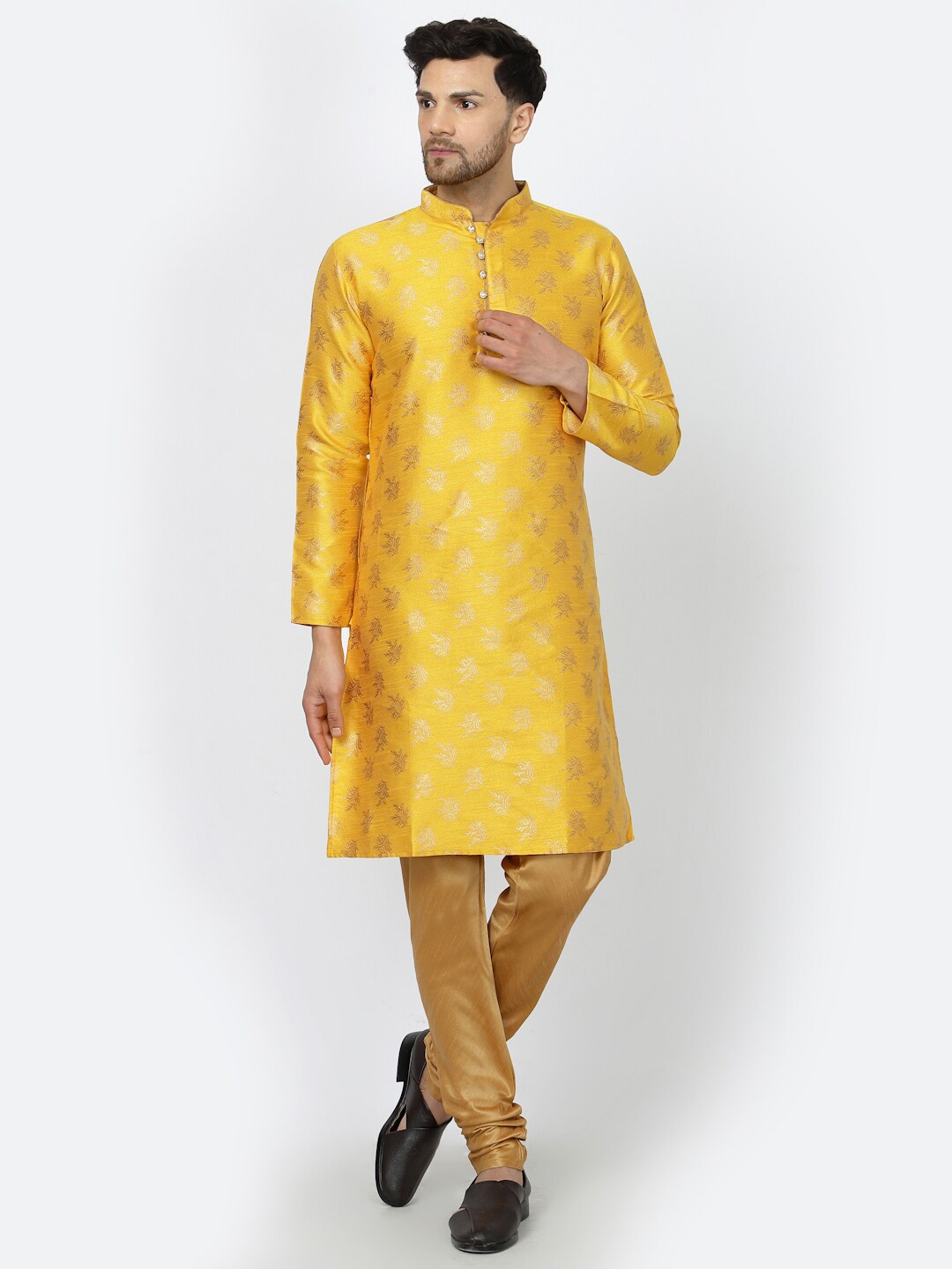 

Sydney Heights Ethnic Motifs Woven Design Mandarin Collar Straight Kurta & Churidar, Yellow