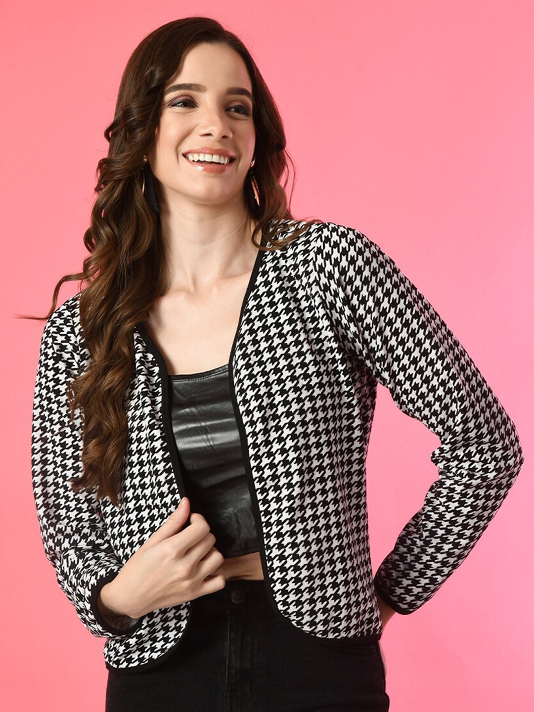 

IUGA Checked Shawl Collar Long Sleeves Open Front Jacket, Black