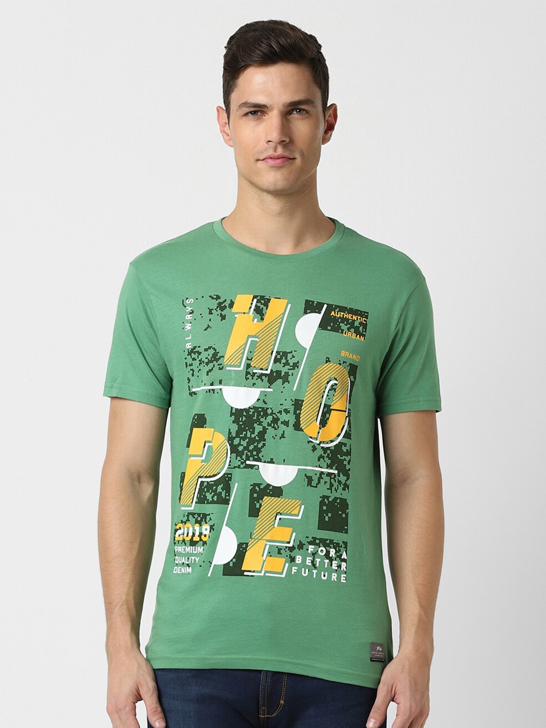 

Peter England Casuals Graphic Printed Round Neck Cotton Slim Fit T-shirt, Green