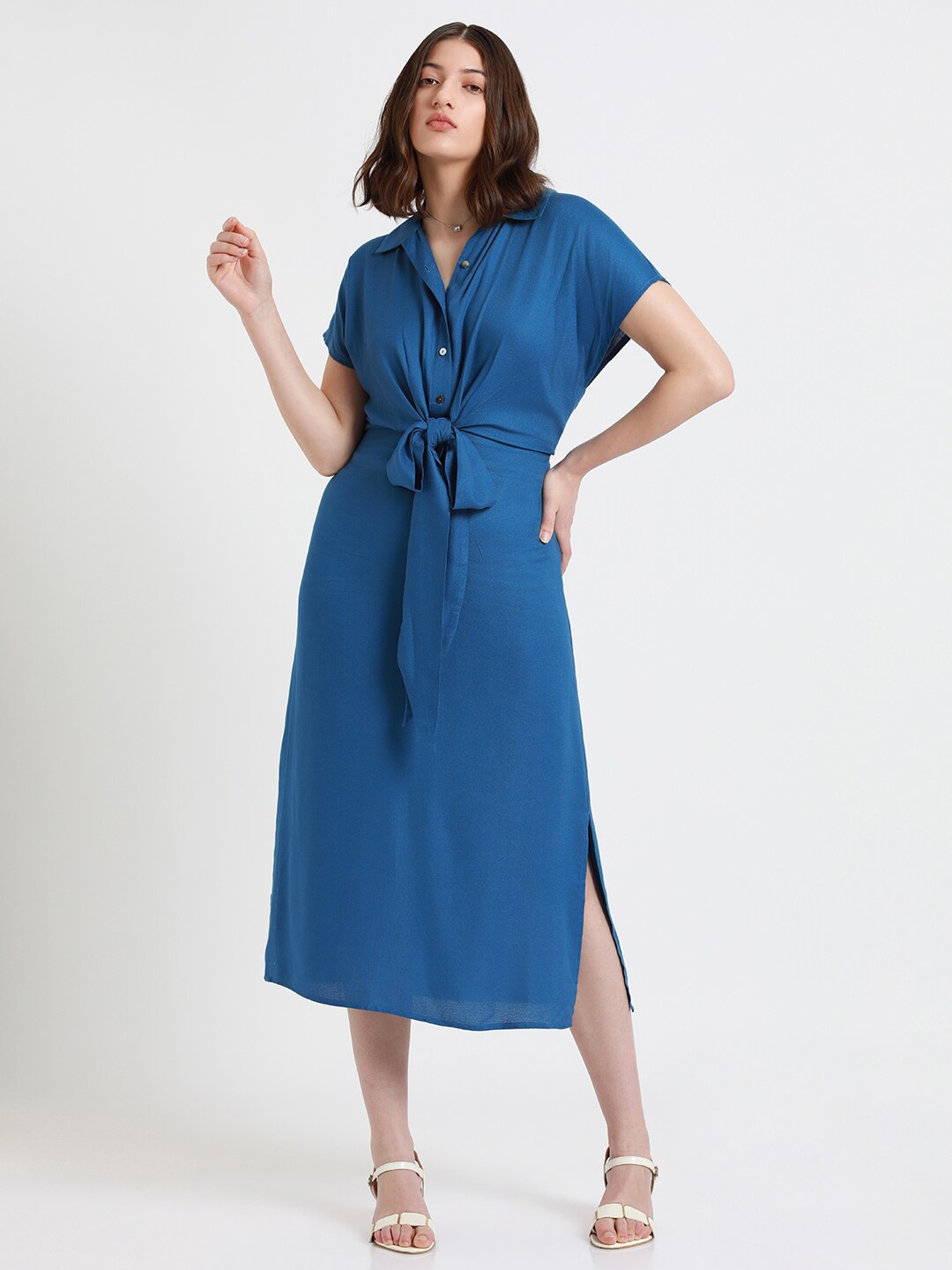 

DL Woman Shirt Collar Short Sleeves Belted Shirt Midi Dress, Blue