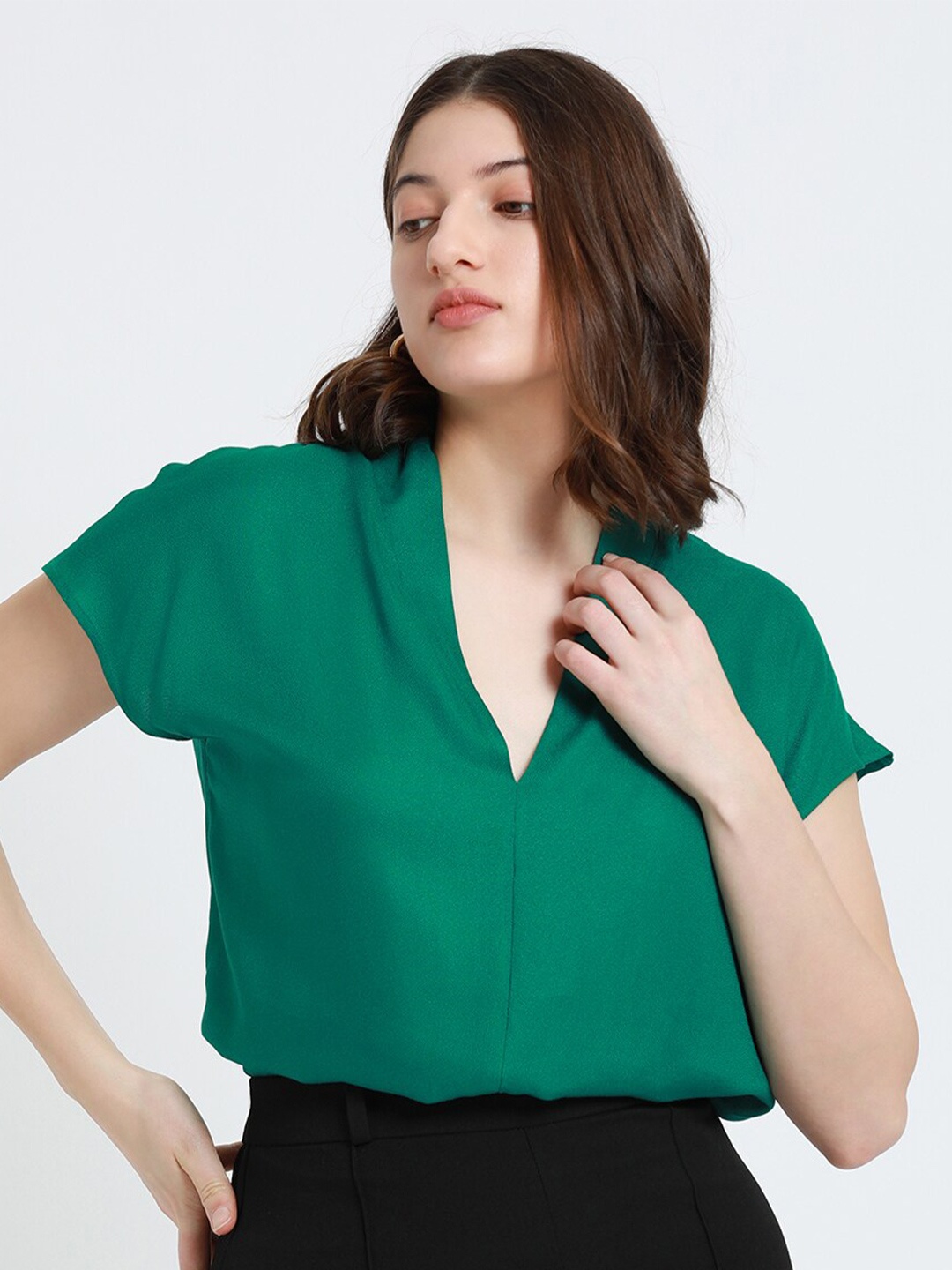 

DL Woman V-Neck Extended Sleeves Casual Top, Green