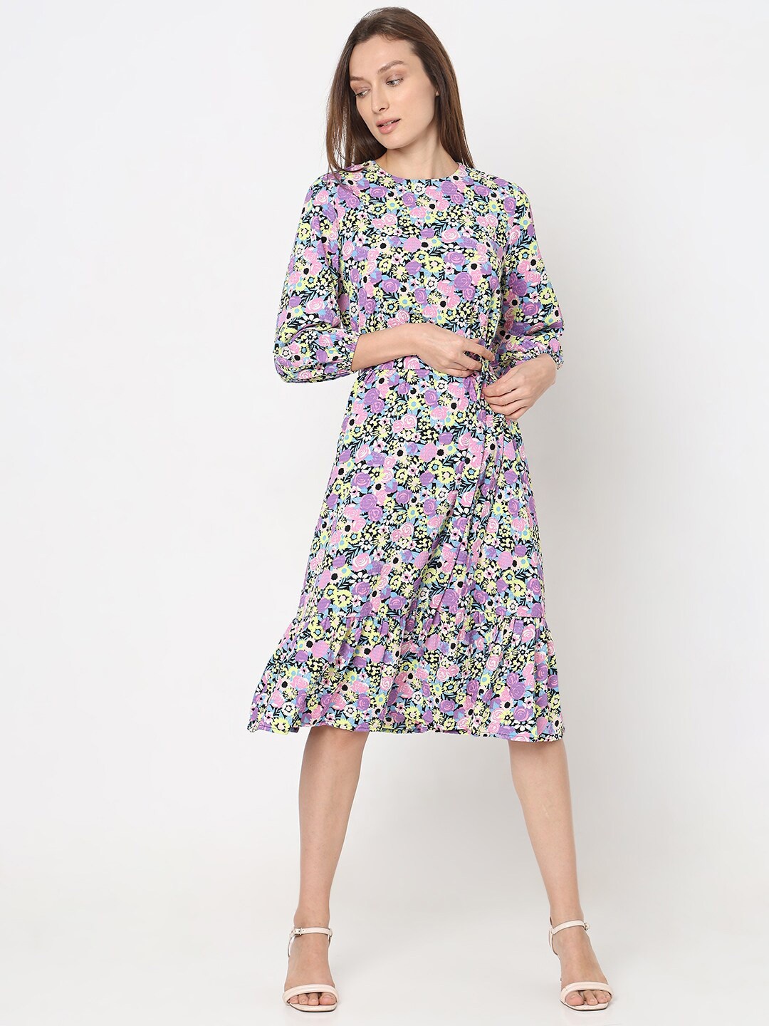

Vero Moda Floral Printed Bishop Sleeve Layered Fit and FlareDress, Purple
