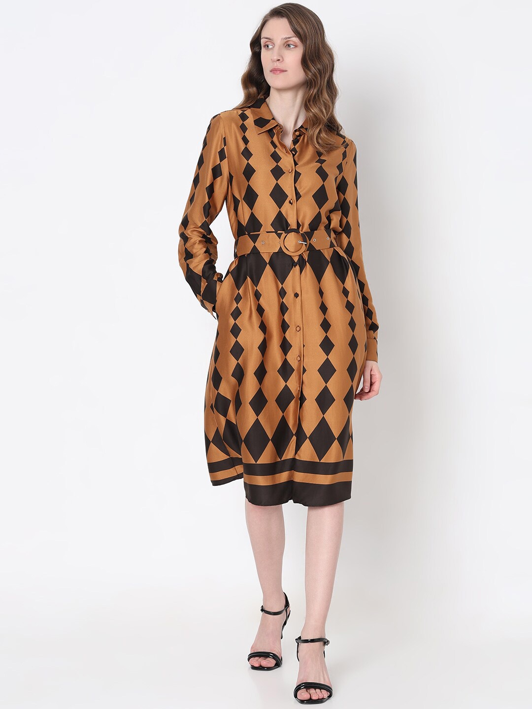 

Vero Moda Geometric Printed Shirt Collar Fit & Flare Dress, Brown