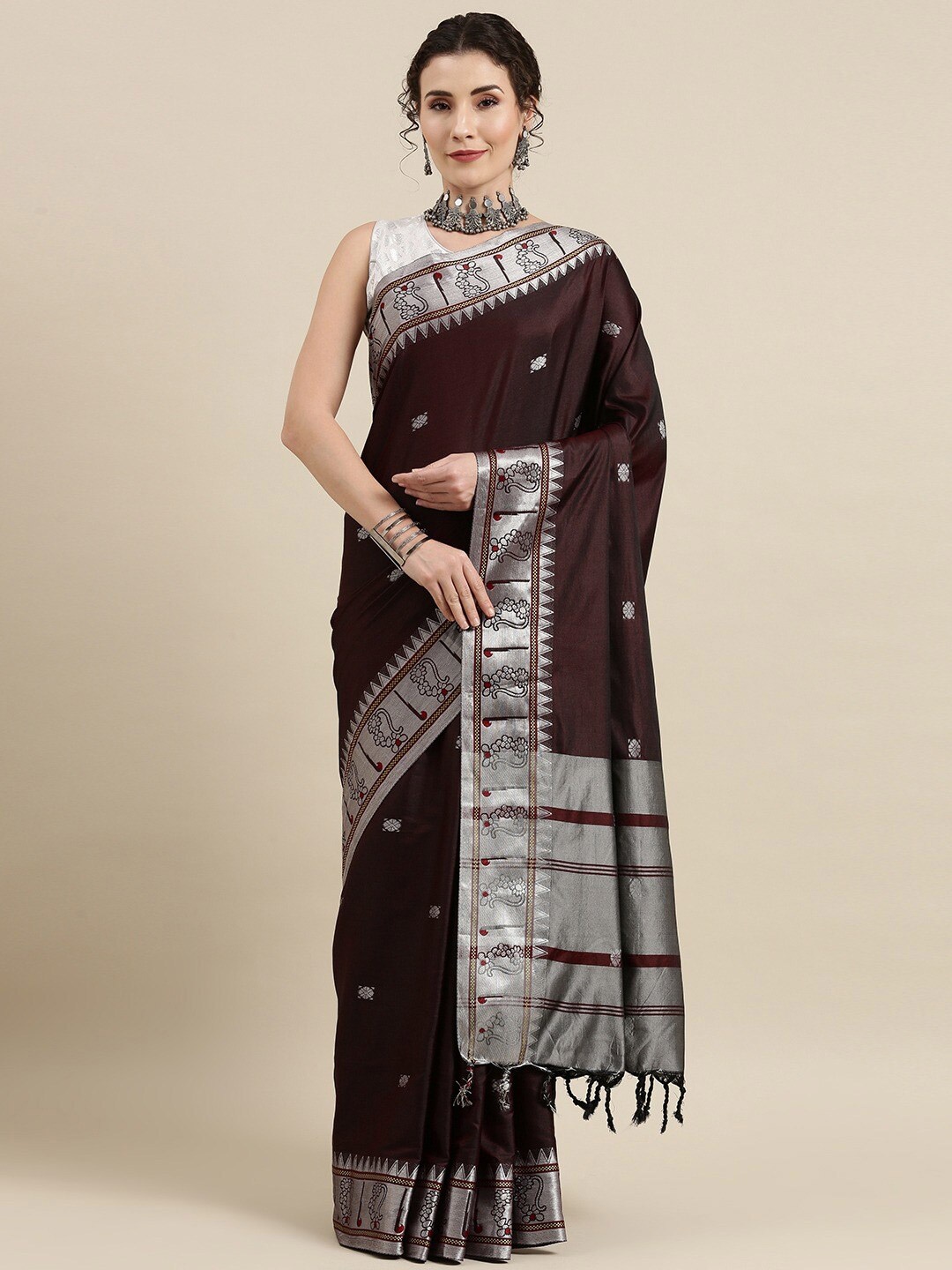 

PATLIPALLU Zari Silk Cotton Designer Paithani Saree, Brown