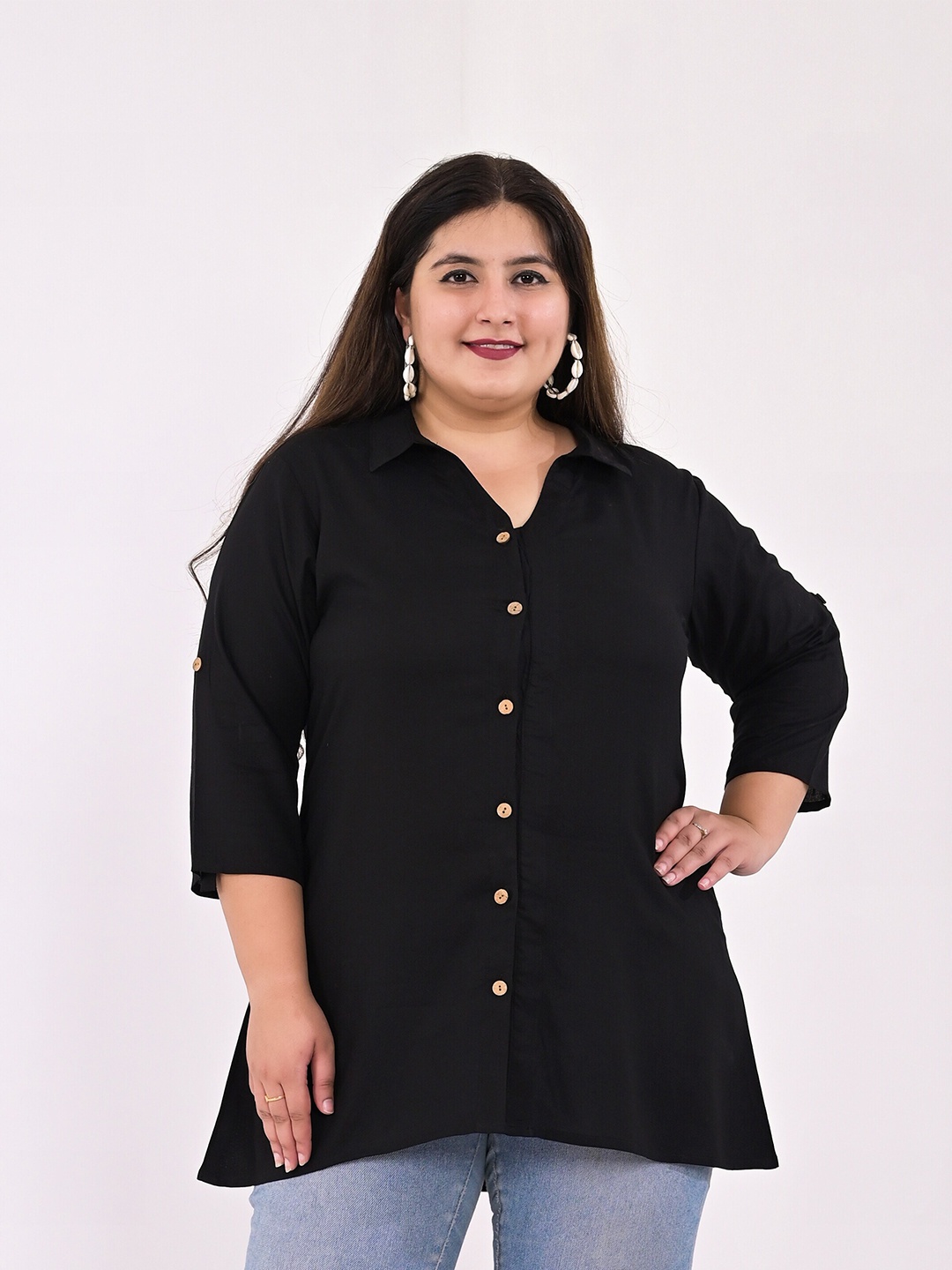 

KALINI Mandarib Collar Shirt Mini Dress, Black